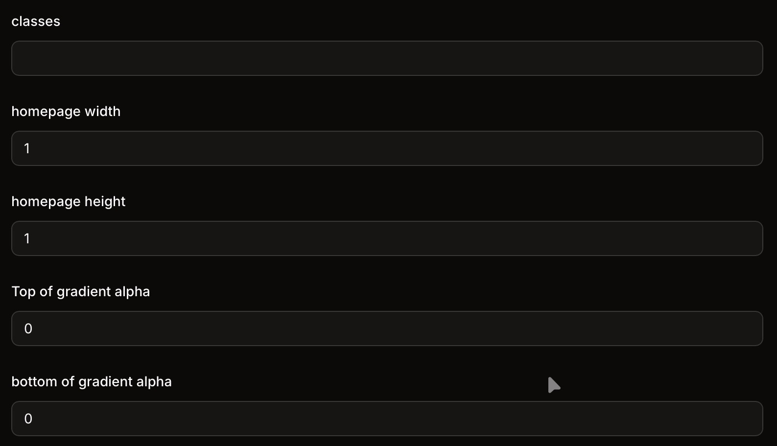 Custom fields on my Pages CMS editor to modify the size and styling of the item on the homepage